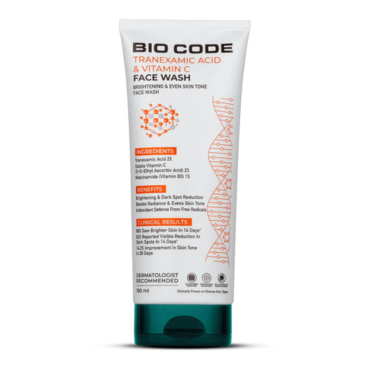 Bio Code 2% Tranexamic Acid Face Wash (150ml) – Boosts Radiance & Evens Tone | 2% Vitamin C (3-O-Ethyl Ascorbic Acid) & 1% Niacinamide | AI-Enhanced | Dermatologist Recommended