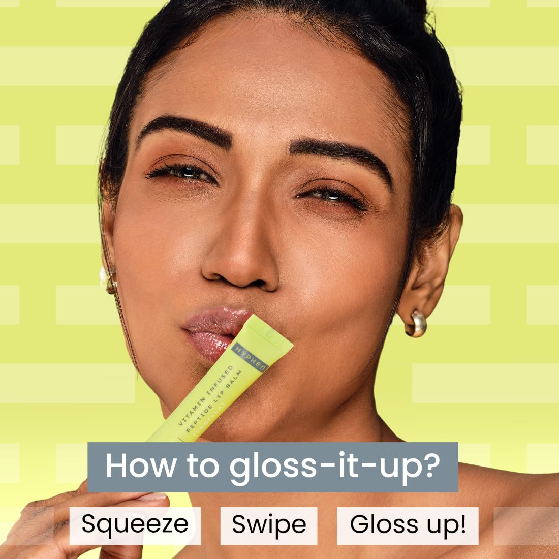 Woman applying lip balm with text instructions on a yellow background