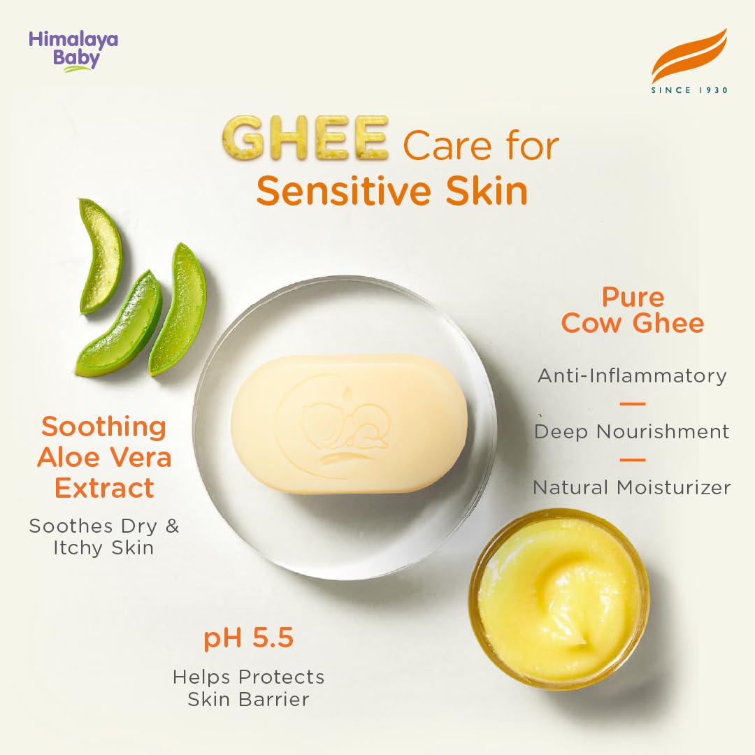 Himalaya Baby Bar with Pure Cow Ghee 75gm |ph 5.5,For baby's Sensitive skin from Day 1,Soap-free,Dermatologically Tested, Safe for newborns, Aloe vera, No dryness, No Parabens | Dermatologically Tested, Pediatrician Evaluated