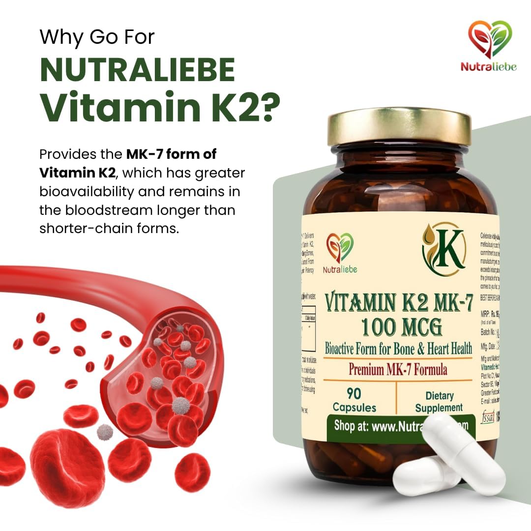 Nutraliebe Vitamin K2 (as MK-7 Menaquinone-7) – High Bioavailability Formula for Bone Strength, Calcium Absorption & Heart Health | Supports Arterial Flexibility | 90 Veg Capsules | Non-GMO & Gluten-Free