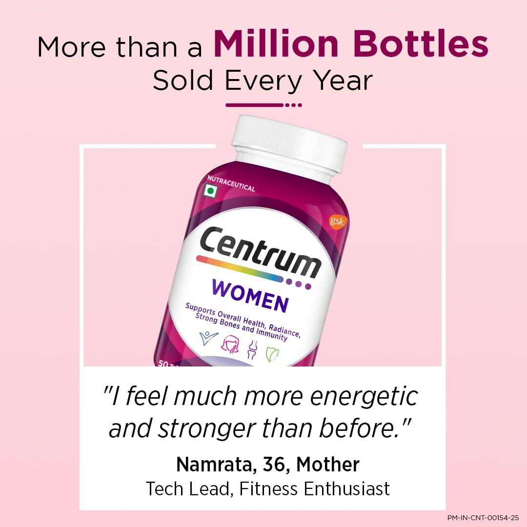 Centrum Women supplement bottle with promotional text on a pink background