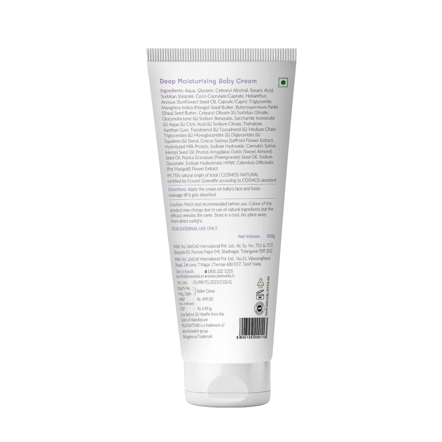 AreoVeda Deep Moisturising Cream (100gm) 24 Hrs Moisturization I Relieves Dryness I Safe From Day 1 I With Pentavitin & 6 Oils+Butters I Lab Tested, Ecocert Certified, EWG Verified