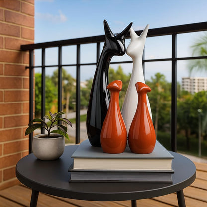 Home Decor Lucky Deer Family Statue Piano Finish Ceramic Figures - (Set of 4, Brown, Black, White)