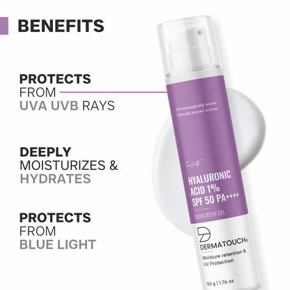 DERMATOUCH HYALURONIC ACID 1% SUNSCREEN | SPF 50 PA++++ | FOR ALL SKIN TYPES | NO WHITE CAST | 50G