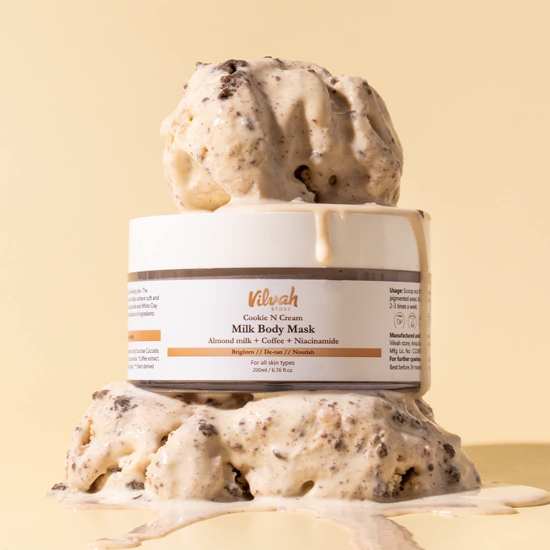 Vilvah Cookie N Cream Body Mask | Tan Removal & Brightening Body Pack | Reduces Pigmentation, Dark Patches & Body Acne | With Almond Milk, Coffee, Niacinamide & Kaolin Clay | 200ml