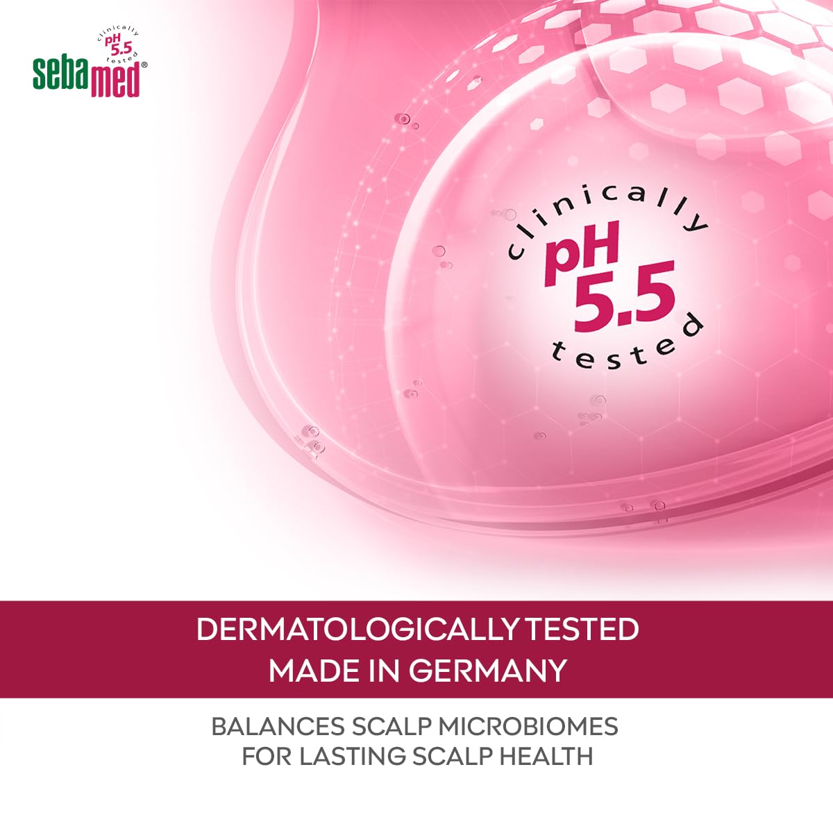 Pink scalp care product with 'Sebamed' branding and pH 5.5 information on a white background.