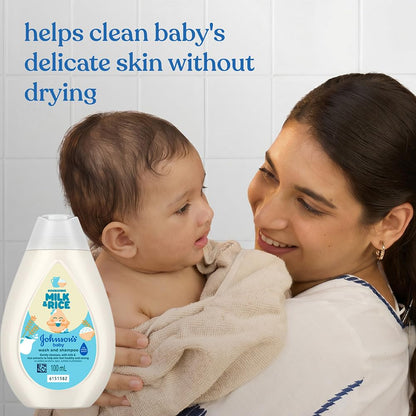 Johnson's Baby Milk & Rice Wash & Shampoo 100ml | 2-in-1 Baby Cleanser | No More Tears | Milk Protein, Rice Extracts & Multivitamins | Hypoallergenic, pH Balanced | No Parabens, Sulphates or Dyes