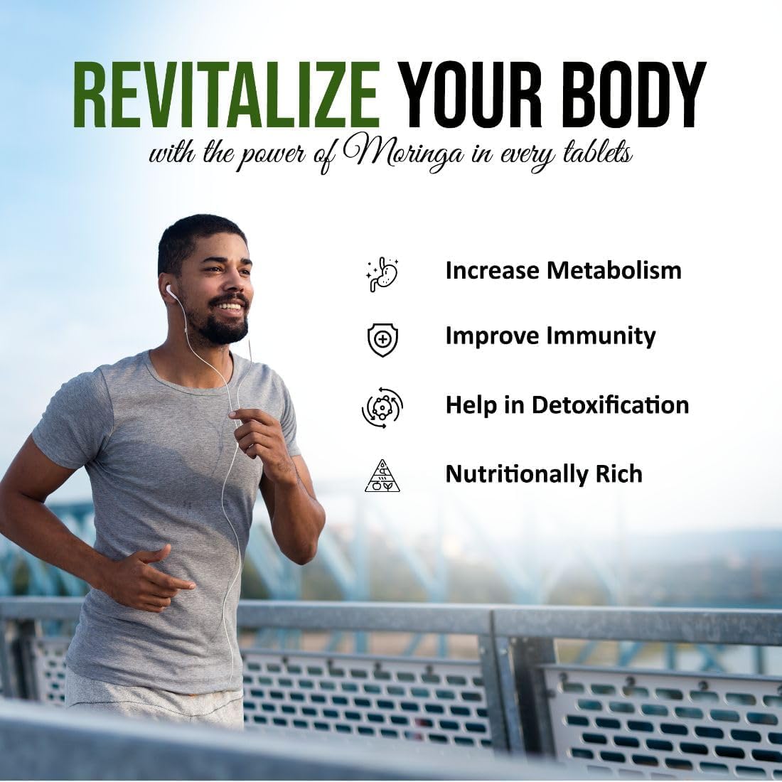 Man jogging with text promoting Moringa tablets for health benefits