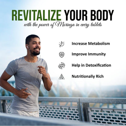 Man jogging with text promoting Moringa tablets for health benefits