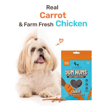 Yum Nums by HUFT Soft & Chewy Sticks - 70gm | Carrot with Chicken | Dog & Puppy Treats | Training Treats for Small & Adult Dogs | High-Protein, Soft & Tasty Snacks