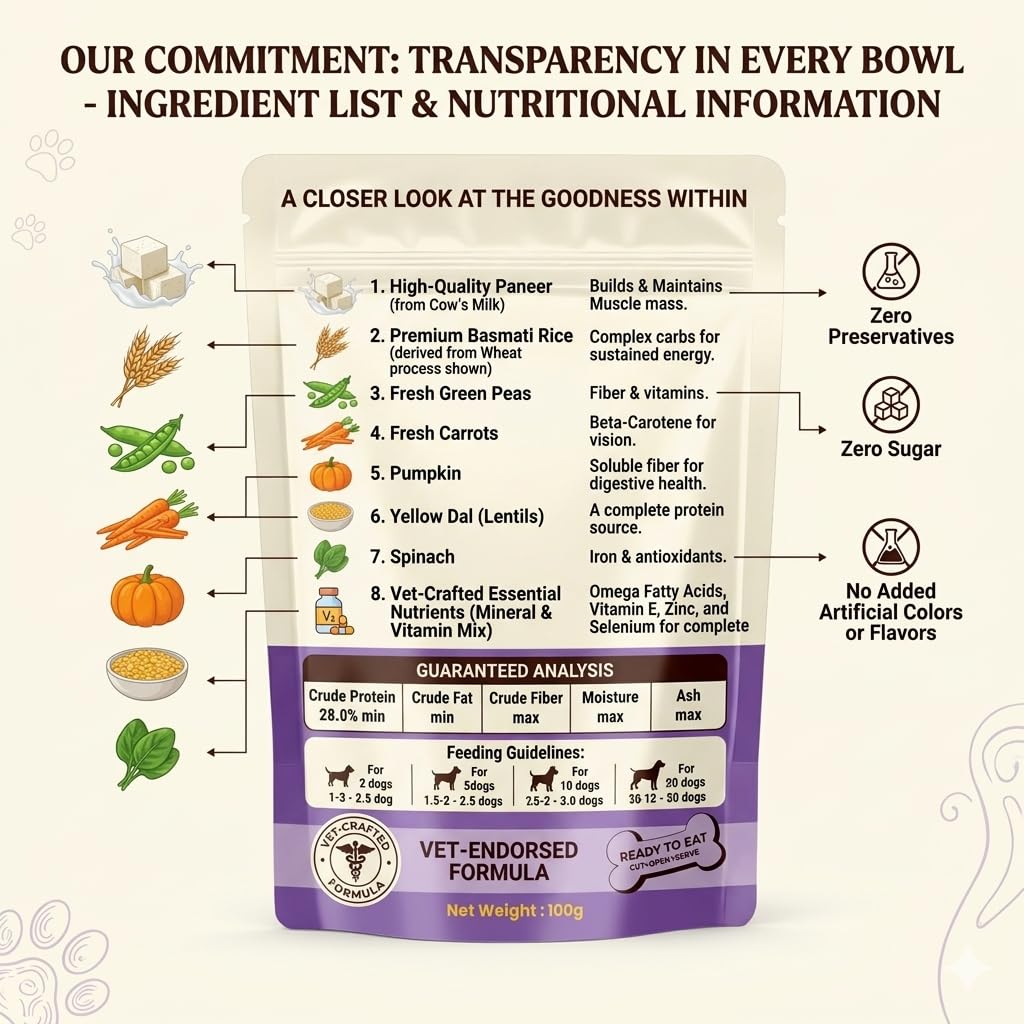 Silly Pup Paneer Dog Wet Food | Gently Cooked - Vegetarian | Real Paneer, Yellow Dal & Basmati Rice | Turmeric, Ashwagandha & Chia Seeds | Real Ingredients | Vet Crafted | 100g (1 Pouch - 100g)