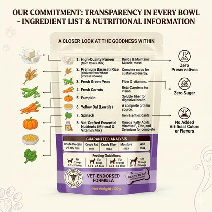 Silly Pup Paneer Dog Wet Food | Gently Cooked - Vegetarian | Real Paneer, Yellow Dal & Basmati Rice | Turmeric, Ashwagandha & Chia Seeds | Real Ingredients | Vet Crafted | 100g (1 Pouch - 100g)
