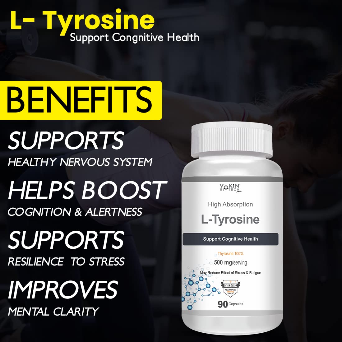 L-Tyrosine supplement bottle with benefits listed on a dark background