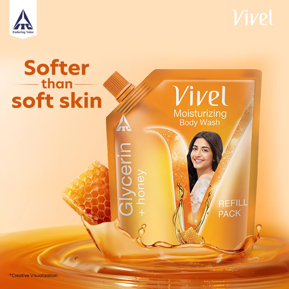 Vivel Moisturizing Body Wash, Glycerin & Honey Shower Gel, 1300 ml Supersaver XL Refill Pouch, For Soft, Glowing Skin, Mild and Pure Bodywash, For Women & Men