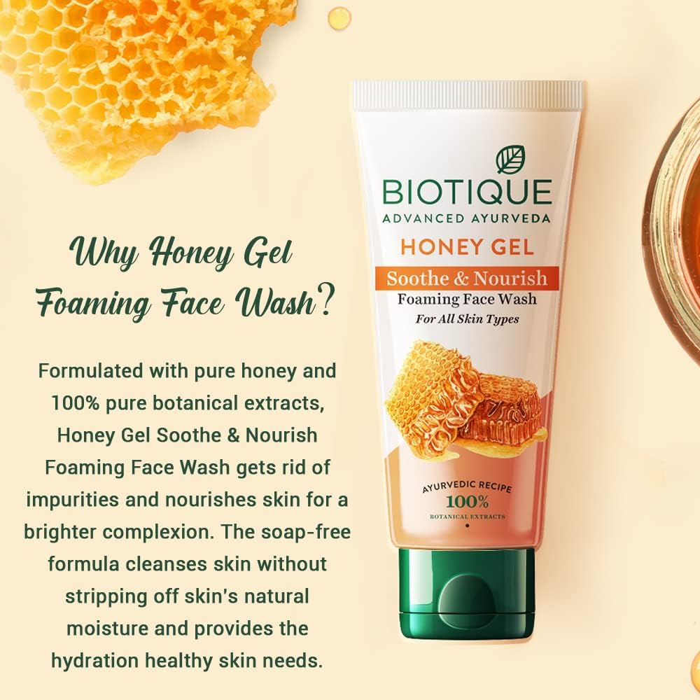 Biotique Honey Gel Foaming Face Wash with honeycomb and honeycomb frame on a beige background