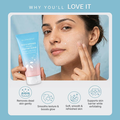 Glamveda Korean Rice & Ceramide Enzyme Scrub for Face | Gentle Daily Exfoliator with Rice Water, Lactic & Glycolic Acid, Niacinamide | Removes Dead Skin, Smoothens Texture & Boosts Glow | Face Scrub For Glowing Skin |100 gm