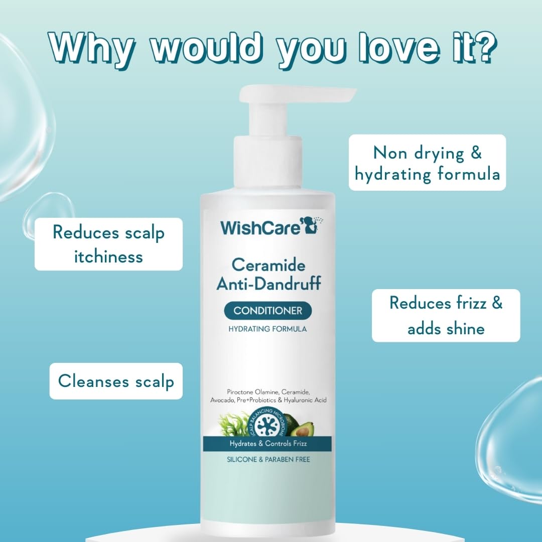 WishCare Ceramide Anti-Dandruff Conditioner bottle with text highlighting benefits on a blue background