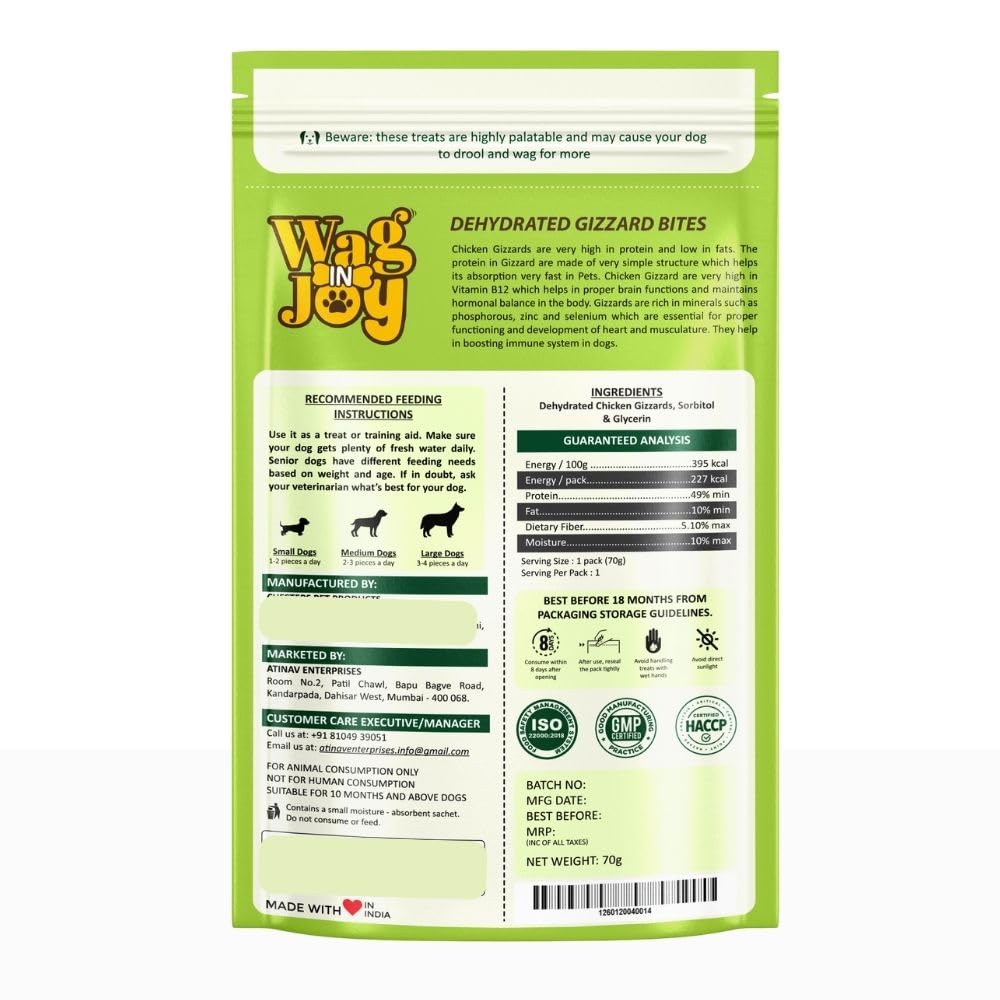 WAG IN JOY Dehydrated Chicken Gizzard Bites for Dogs – 100% Natural, High Protein, Grain-Free, No Fillers, Healthy Dog Treats (70g)