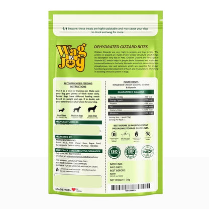 WAG IN JOY Dehydrated Chicken Gizzard Bites for Dogs – 100% Natural, High Protein, Grain-Free, No Fillers, Healthy Dog Treats (70g)