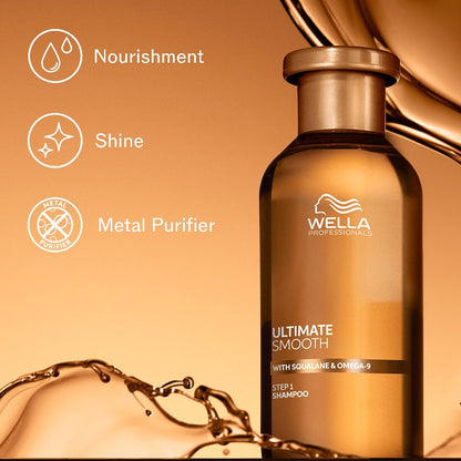 Wella shampoo bottle with product benefits on an orange background