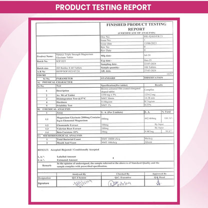 Product testing report with a pink border