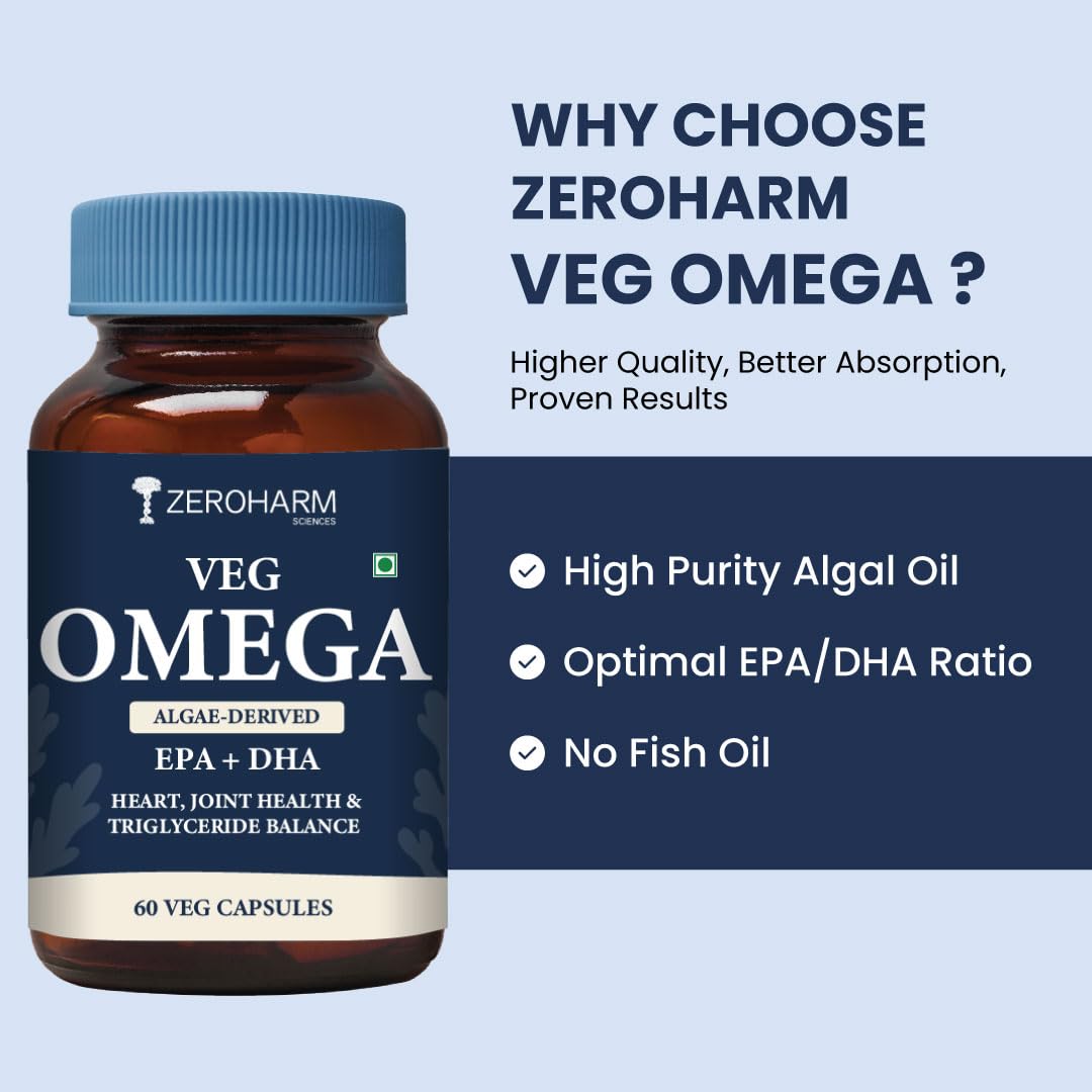 ZEROHARM Veg Omega (EPA 15% + DHA 25%) Capsules 500mg | Veg Omega Supplement for Men and Women | Supports Eyes, Skin, Muscles, Bones and Joints | Sourced from Algae | 60 Capsules