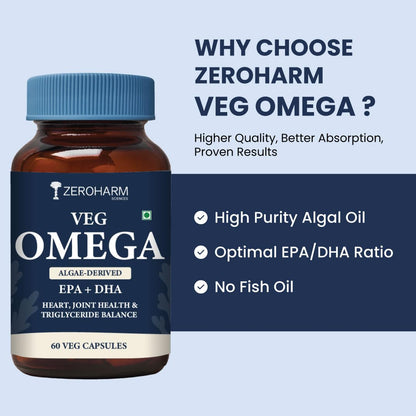 ZEROHARM Veg Omega (EPA 15% + DHA 25%) Capsules 500mg | Veg Omega Supplement for Men and Women | Supports Eyes, Skin, Muscles, Bones and Joints | Sourced from Algae | 60 Capsules