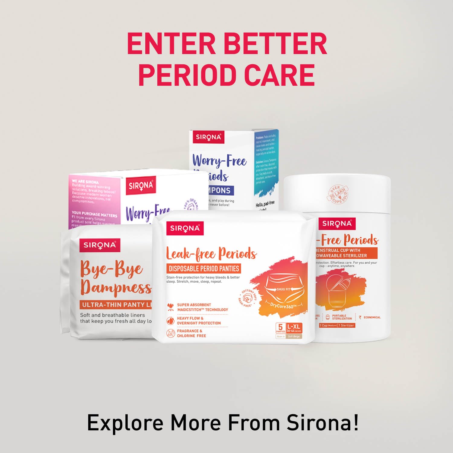 Sirona period care products with packaging on a gray background