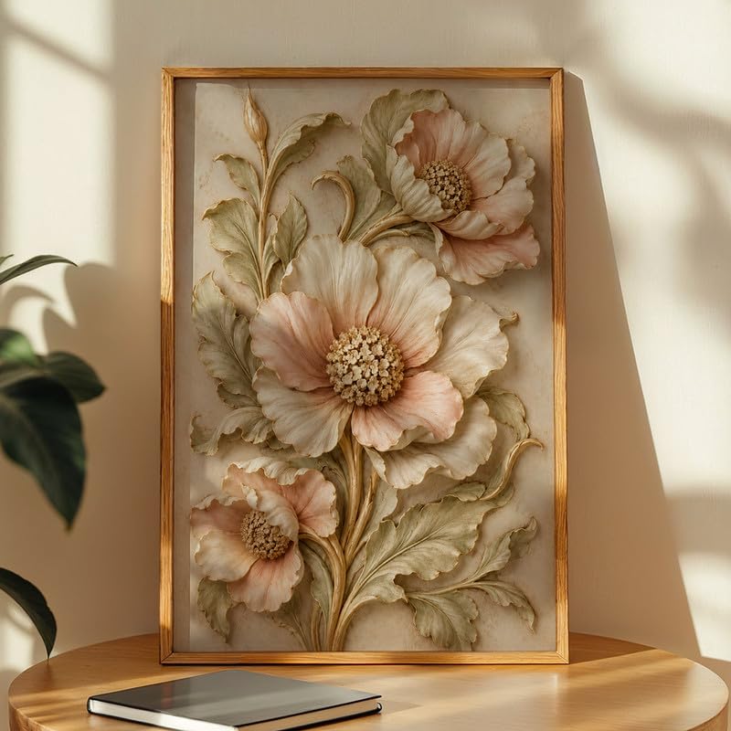Floral Botanical Wall Painting with Frame | Premium Textured Flower & Leaf Artwork, Pastel Nature Wall Decor Framed for Living Room Bedroom Office and Home Decoration (Art-7,13x19inch)