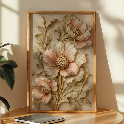 Floral Botanical Wall Painting with Frame | Premium Textured Flower & Leaf Artwork, Pastel Nature Wall Decor Framed for Living Room Bedroom Office and Home Decoration (Art-7,13x19inch)