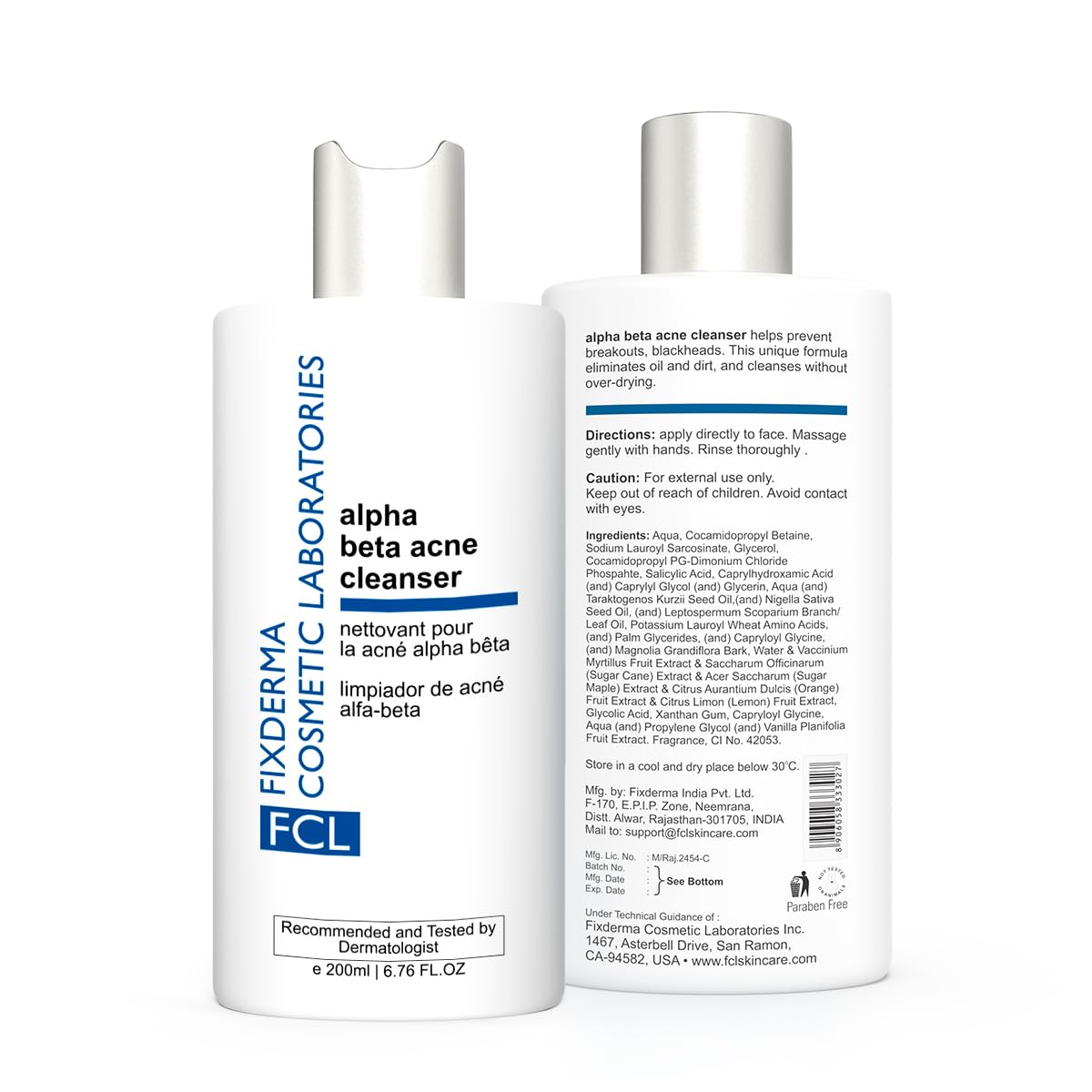 FIXDERMA COSMETIC LABORATORIES Alpha Beta Acne Cleanser, Reduces Pimples, Regulates Sebum Production, Deep Pore Cleansing, Soap Free And Non-Comedogenic Formulation 200ml (Pack Of 1)