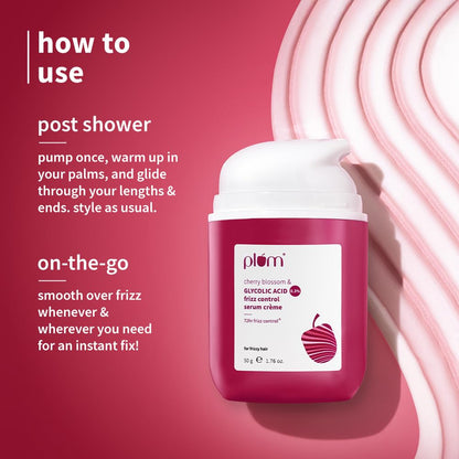 Plum Cherry Blossom & 0.3% Glycolic Acid Frizz Control Hair Serum Crème | 72-hr humidity-proof | Tames frizzy hair | Leave-in Hair Serum | Heat & UV protection | 50g