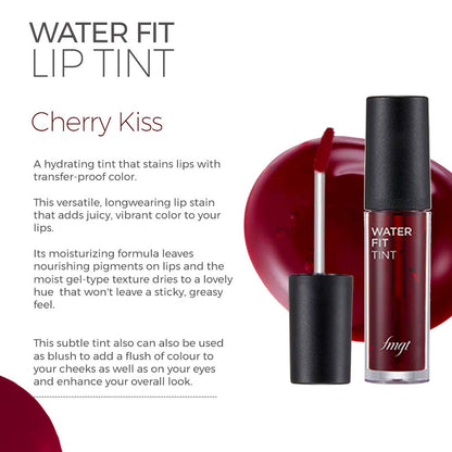 Water Fit Lip Tint Cherry Kiss with applicator and product details on a white background