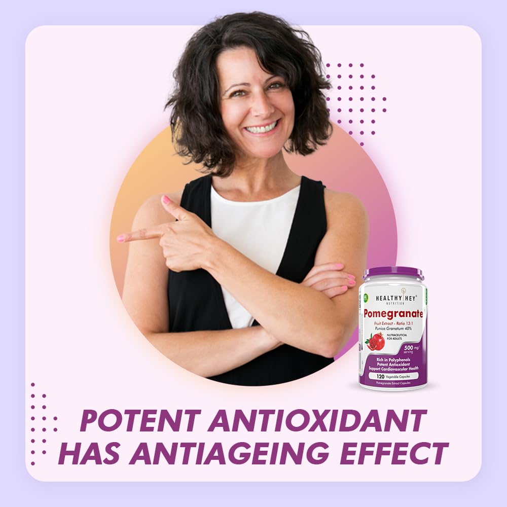Woman pointing to a bottle of Healthy Net Pomegranate supplement with text about potent antioxidants on a light purple background.