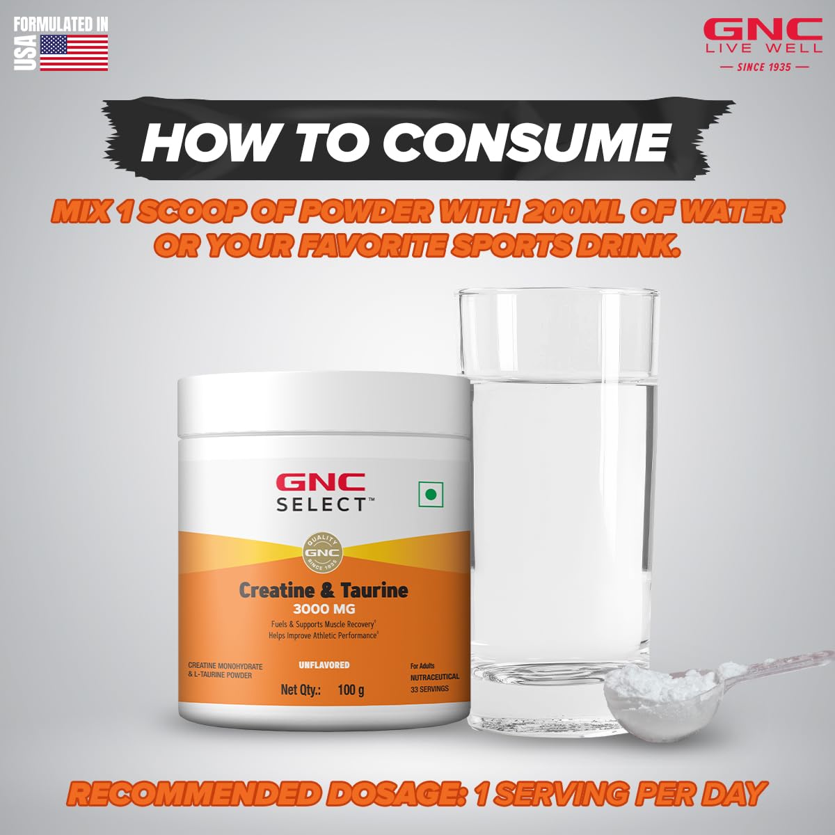 Zephivo GNC Pure Micronized Creatine Monohydrate + Taurine | 100 gm | 33 Serving | Unflavoured | Instantized | Fuels Muscles | Increase Muscle Mass | Rapid Absorption | Faster Muscle Building| Lab Tested | Faster Muscle Recovery| Boost Performance | Imported