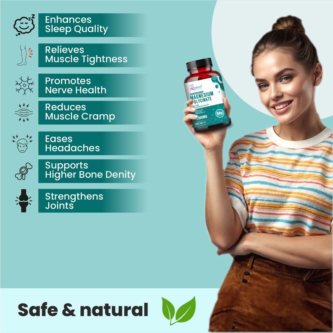 Woman holding a supplement bottle with health benefits listed on a light blue background