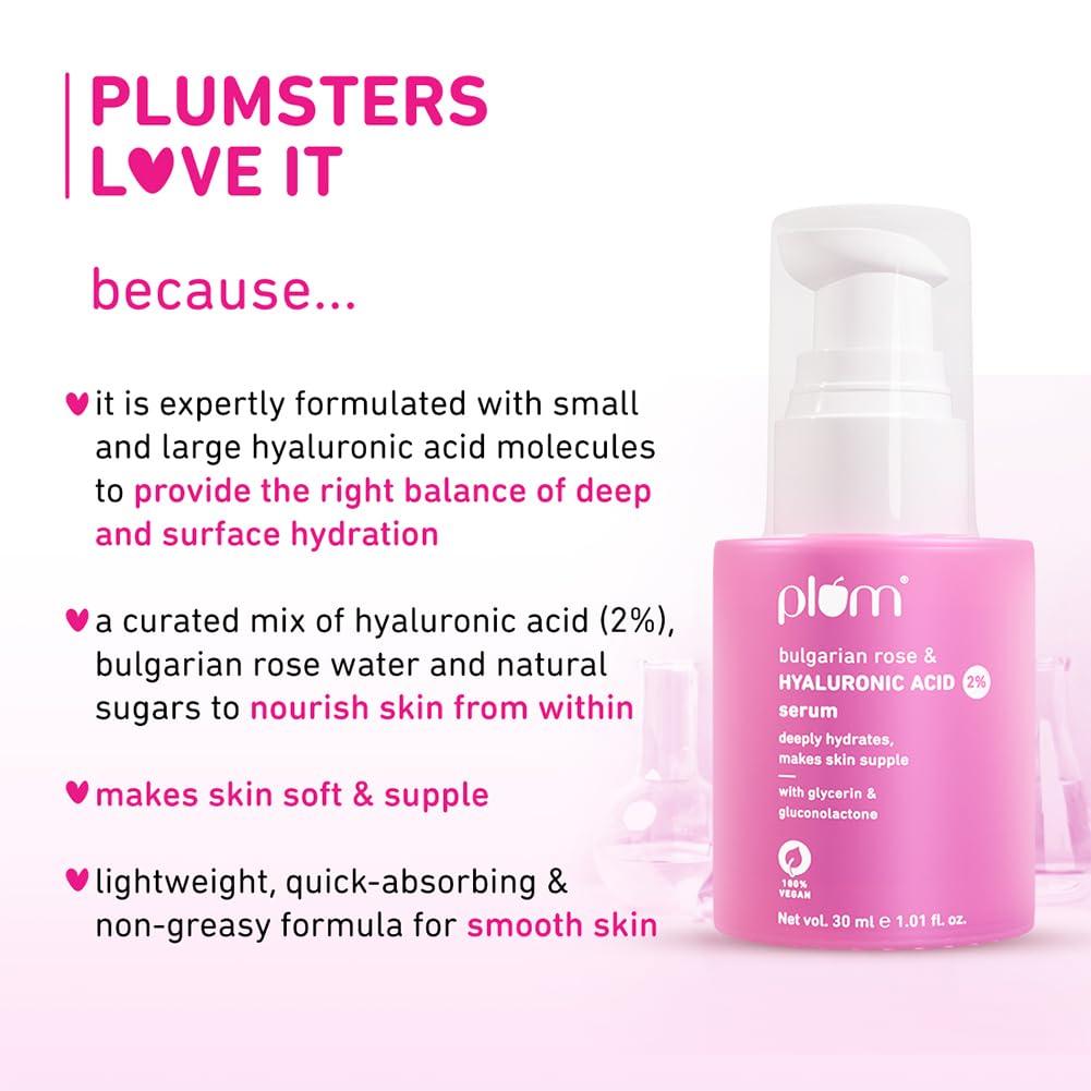 Plum 2% Hyaluronic Acid Serum with Bulgarian Rose (30 ml) | Instant Hydration for Plump & Bouncy Skin | Daily Use Face Serum| For All Skin Types | Fragrance-Free