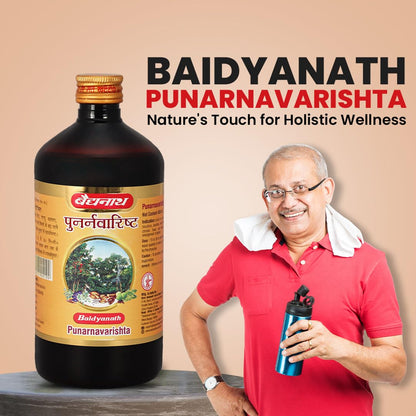 Baidyanath Punarnavarishta bottle with a man holding a blue water bottle on a beige background