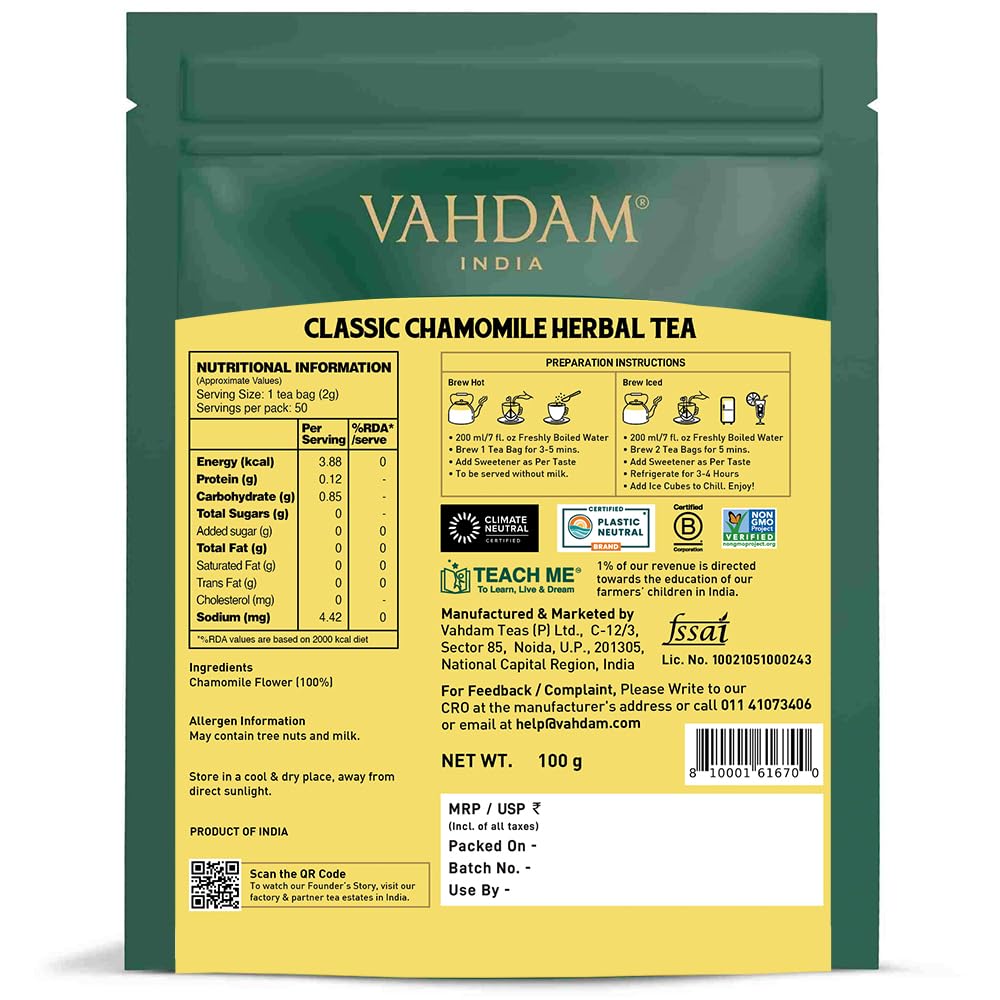 VAHDAM, Chamomile Infusion Bags (50 Count) | Caffeine Free, Non-GMO | Botanical Tisane – Sweet & Floral | Resealable Ziplock Pouch