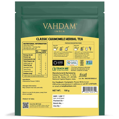 VAHDAM, Chamomile Infusion Bags (50 Count) | Caffeine Free, Non-GMO | Botanical Tisane – Sweet & Floral | Resealable Ziplock Pouch