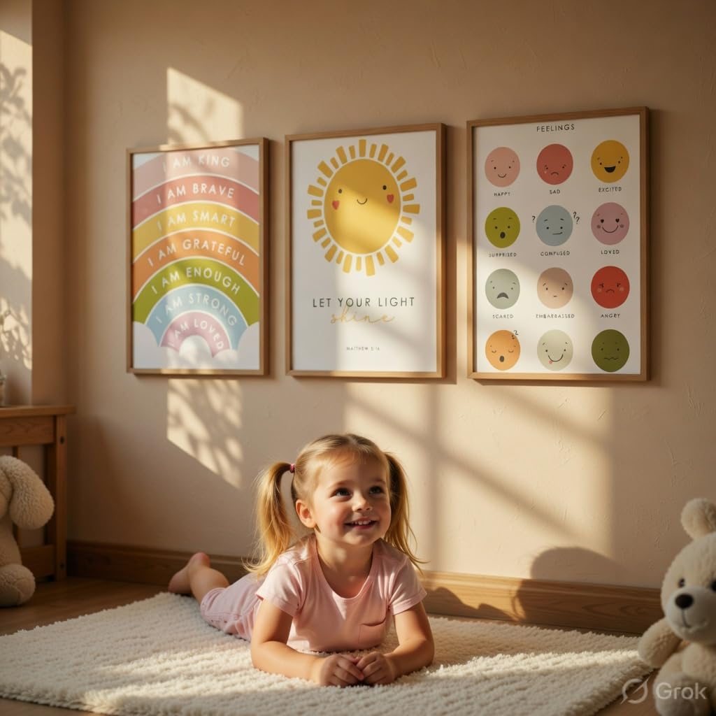 Kids Motivational Nursery Wall Painting Set of 3 with Wooden Frames | Rainbow Affirmation Sun Feelings Chart Kids Room Wall Art | HD Sparkle Printed MDF Nursery Wall Decor