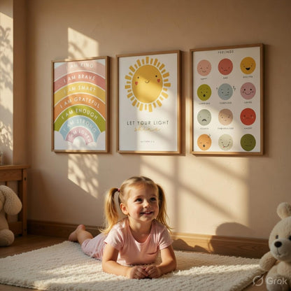 Kids Motivational Nursery Wall Painting Set of 3 with Wooden Frames | Rainbow Affirmation Sun Feelings Chart Kids Room Wall Art | HD Sparkle Printed MDF Nursery Wall Decor