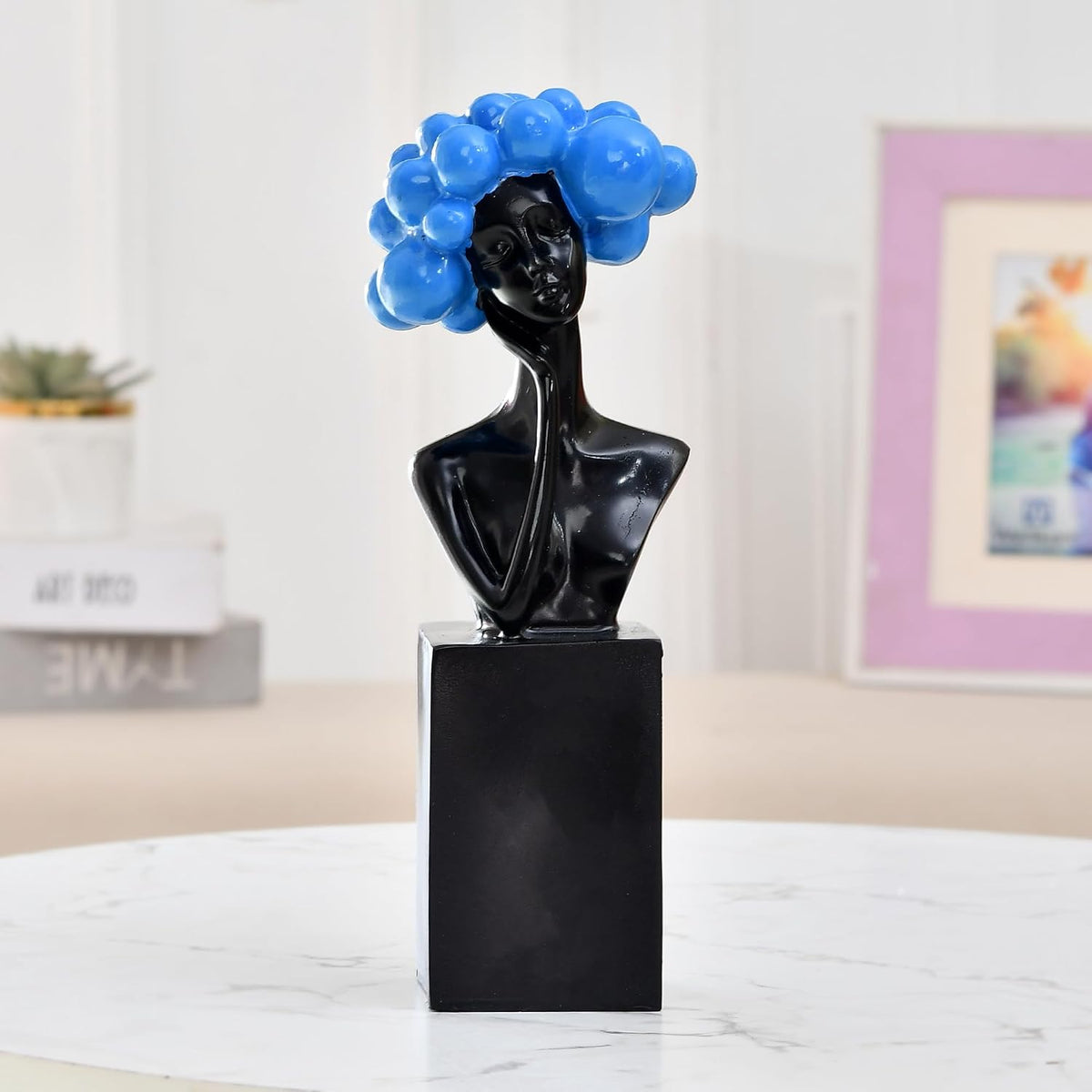 Artistic Blue Sphere Bust Sculpture | Modern Black Resin Decor | Contemporary Woman Figurine | Abstract Home Accent | Luxury Art Piece for Living Room, Dining Room, or Entryway