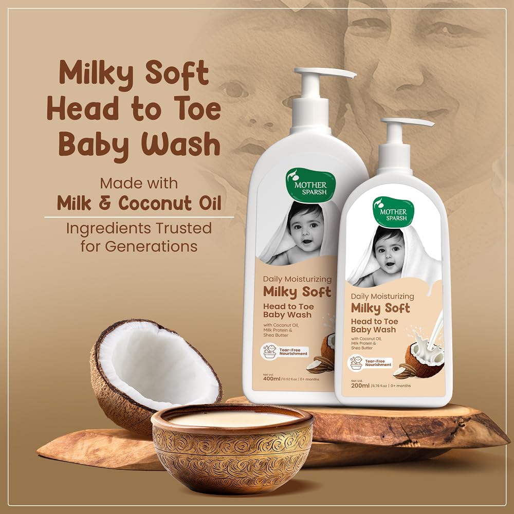 Mother Sparsh Milky Soft Head to Toe Baby Wash with Milk Protein & Shea Butter | Tear Free 2 in 1 Natural Body Wash & Shampoo for Babies