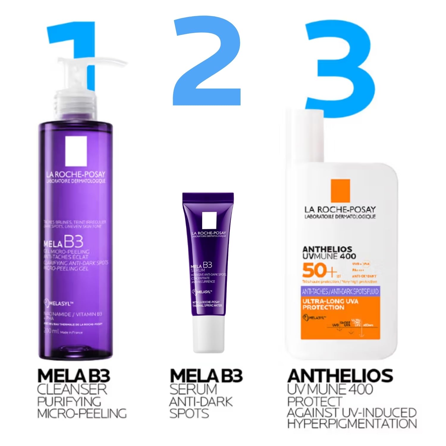Three La Roche-Posay skincare products with labeled steps on a white background