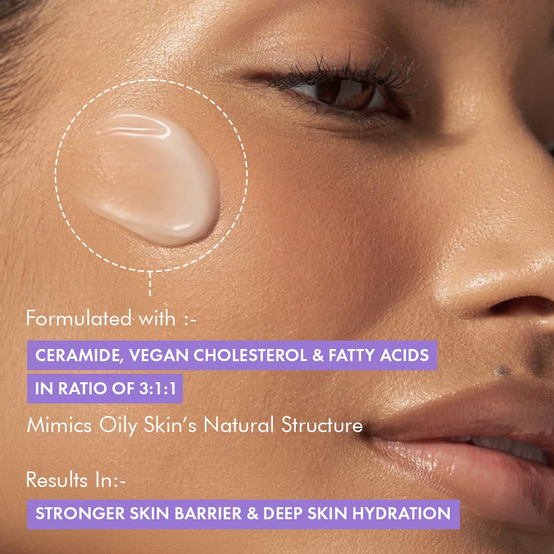 Close-up of a person's face with skincare product applied, highlighting ingredients and benefits.