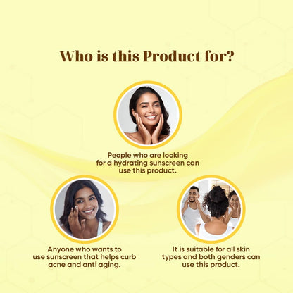 Product advertisement for a hydrating sunscreen with images of people and text on a yellow background.