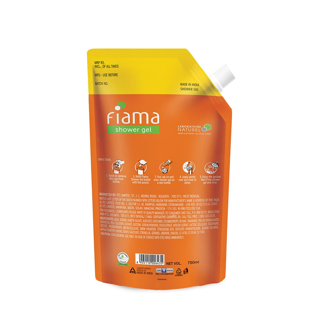 Fiama Shower Gel Peach & Avocado Body Wash with Vitamin E, 750 ml Refill Pack, Value Pouch for Soft Moisturised & Hydrating Skin,