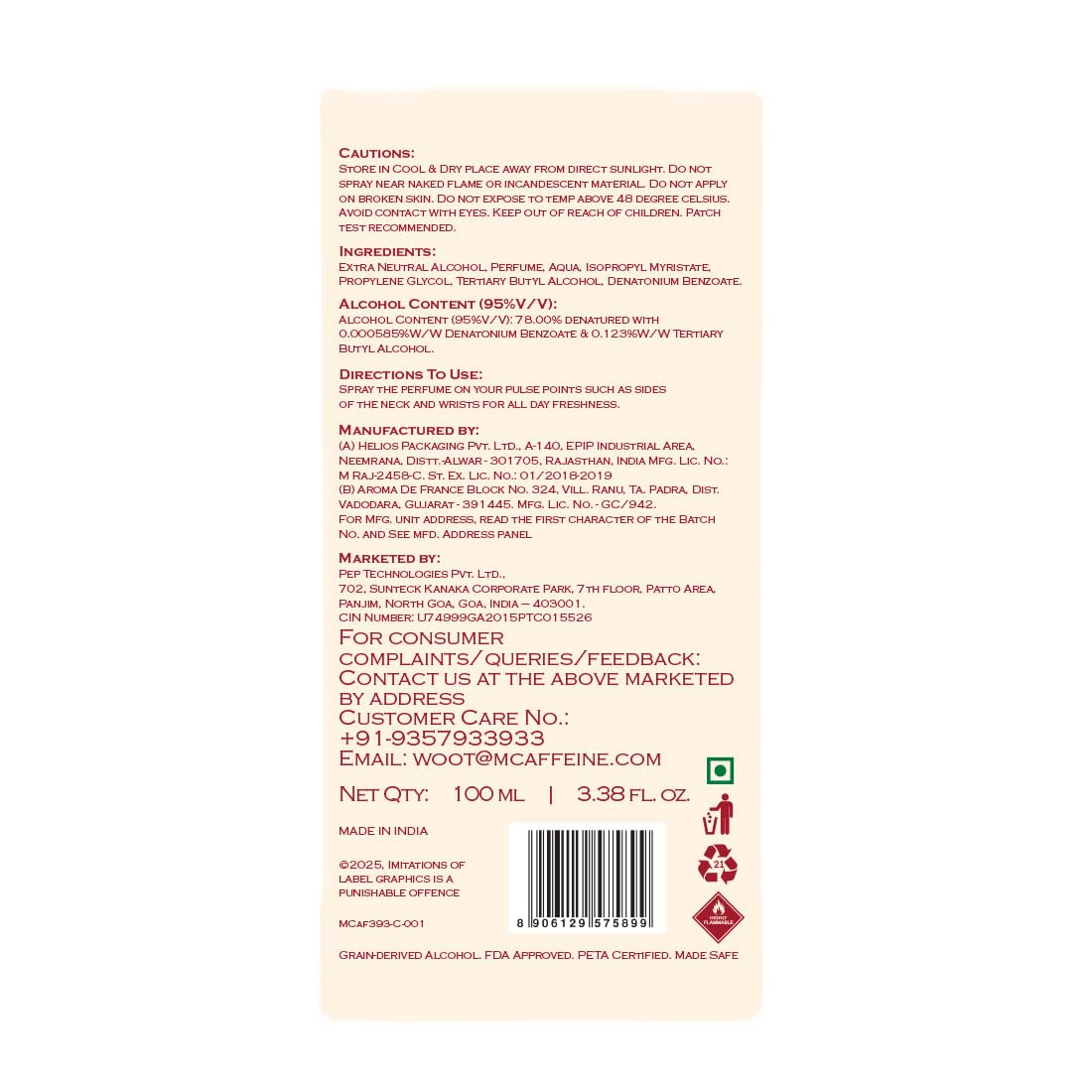 Back label of a product with text, ingredients, and contact information on a white background