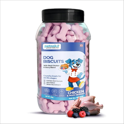 Petoska Chicken & Mixed Berries Dog Biscuits for Small, Medium & Large Breeds|500g Jar| Real Chicken & Berry Blend Treats | Crunchy Dog Food Biscuits